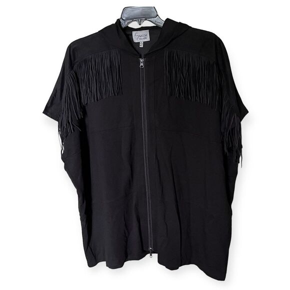 Lynn Ritchie Silver Hooded Fringe Zip Front Poncho in Black Size Medium/Large - Picture 1 of 12